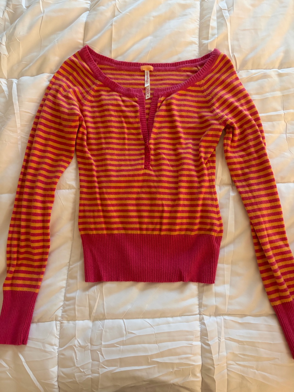 Aeropostale Pink and Orange Striped Long-Sleeve Scoop Neck Top